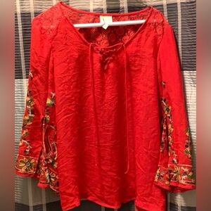 Anthropologie Red Embroidered Blouse